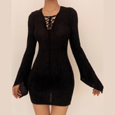 Long sleeve solid knitted hollow out self tie mini dress