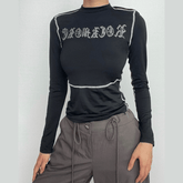 Beaded stitch long sleeve contrast top