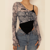 Long sleeve mesh irregular ruffled crop top