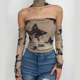 Mesh butterfly pattern off shoulder contrast long sleeve top