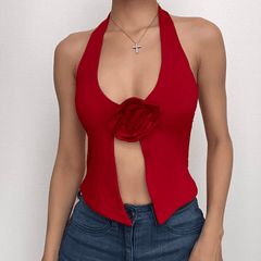 Flower applique halter U neck solid backless slit crop top