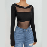 Mesh patchwork long sleeve solid round neck bodysuit