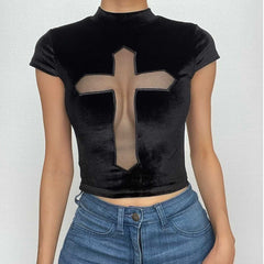 Cap sleeve mesh cross pattern velvet high neck solid top