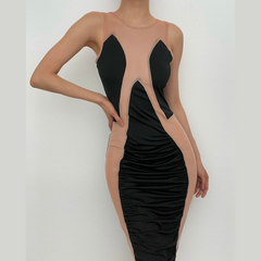 Sleeveless mesh contrast round neck midi dress