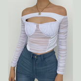 Off shoulder ruched hollow out solid mesh long sleeve crop top