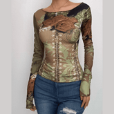 Flower print long sleeve contrast round neck top