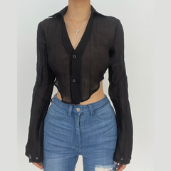 Long sleeve solid turnover collar v neck button backless self tie crop top