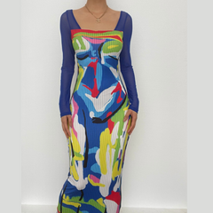 Long sleeve contrast abstract mesh midi dress