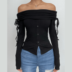 Ribbed long sleeve drawstring off shoulder solid button top