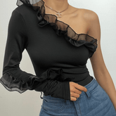 Long sleeve solid irregular one shoulder ruffle bodysuit