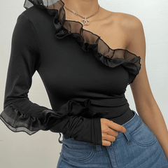 Long sleeve solid irregular one shoulder ruffle bodysuit