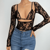 Long sleeve hollow out contrast lace 2 piece top