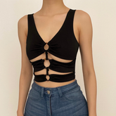 O ring hollow out solid v neck crop top