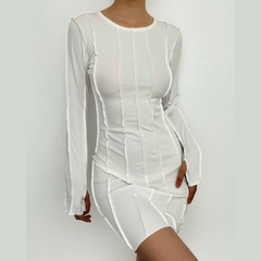 Stitch long sleeve irregular solid ruffle mini dress