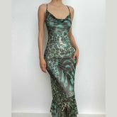Leopard print cowl neck contrast ruffle backless mesh maxi dress