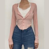 Long sleeve halter contrast lace hem self tie button crop top