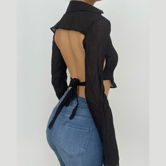Long sleeve solid turnover collar v neck button backless self tie crop top