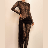 Lace see through long sleeve self tie zip-up jumpsuit