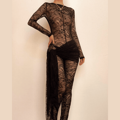 Lace see through long sleeve self tie zip-up jumpsuit