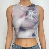 Contrast print sleeveless crewneck crop top