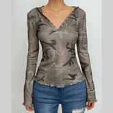 Camouflage contrast hoodie button long sleeve top