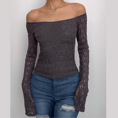 Textured solid off shoulder long sleeve top
