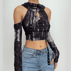 Tie dye hoodie off shoulder long sleeve irregular crop top