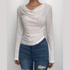 Textured cowl neck irregular solid long sleeve top