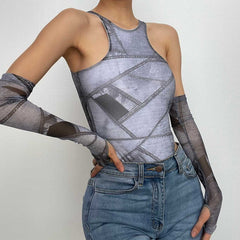 Sleeveless gloves contrast print round neck button bodysuit