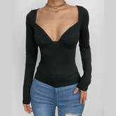 Solid v neck long sleeve hollow out top