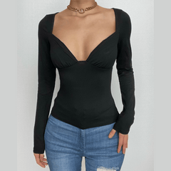 Solid v neck long sleeve hollow out top