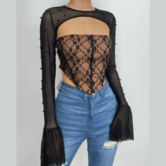 Flared sleeve lace beaded shrug corset 2 piece top
