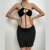 Mesh patchwork hollow out corset one shoulder irregular backless mini dress