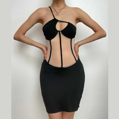 Mesh patchwork hollow out corset one shoulder irregular backless mini dress