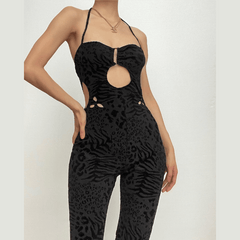 Textured hollow out halter self tie solid jumpsuit