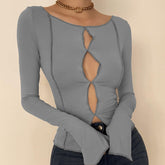 Hollow out round neck long sleeve top