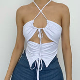Double layered halter drawstring hollow out ruched solid crop top