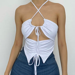 Double layered halter drawstring hollow out ruched solid crop top