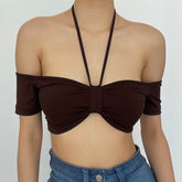 Off shoulder short sleeve knotted solid self tie back top