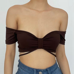 Off shoulder short sleeve knotted solid self tie back top