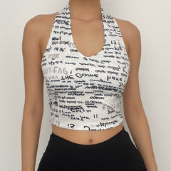 Halter backless print v neck crop top