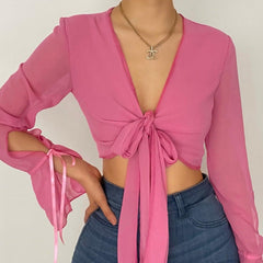 V neck self tie front chiffon long sleeve crop top