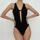 Tassels solid low cut backless cross front one piece swimwear