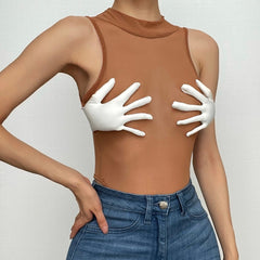 Palm applique mesh high neck sleeveless contrast bodysuit