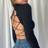 Lace up back long sleeve crop top