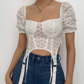 Solid square neck embroidered puff short sleeve crop top