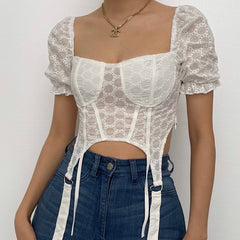 Solid square neck embroidered puff short sleeve crop top