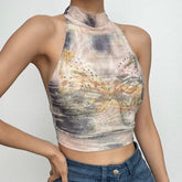 Tie dye beaded halter self tie backless contrast crop top