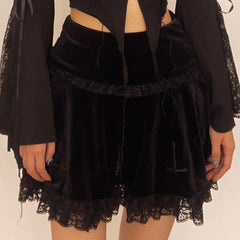 Solid A line lace hem spider web pattern mini skirt