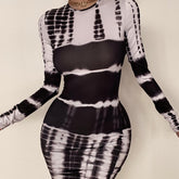 Long sleeve crewneck tie dye bodycon dress